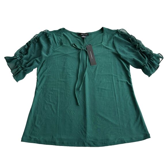 Adele & May Christmas Blouse Sweetheart Neck Stretch Green Ruffles Fancy NWT  L - Picture 1 of 7